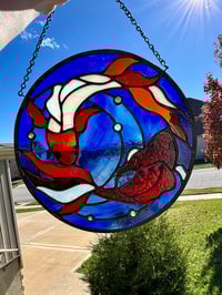 Image 4 of Koi Fish Stained-Glass Window Panel - Blue Water Circle Window Hanging with Orange and White Koi