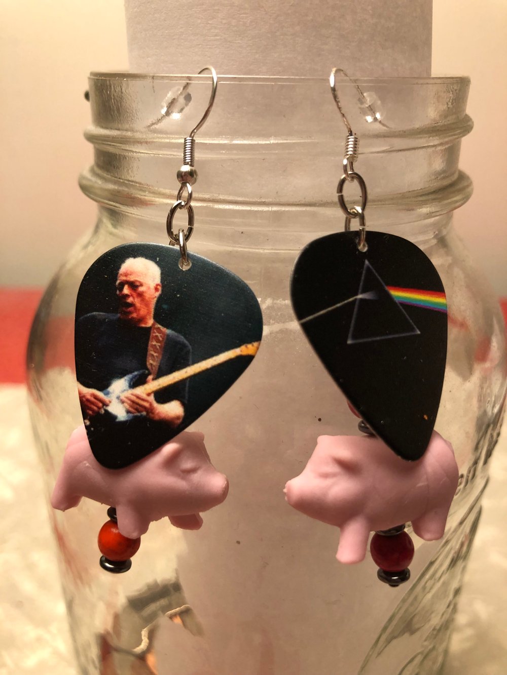 Upcycled PINK FLOYD guitar pick and piggy DANGLE EARRINGS