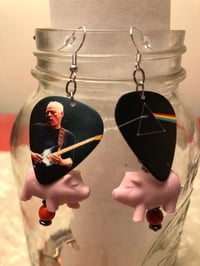 Image 4 of Upcycled PINK FLOYD guitar pick and piggy DANGLE EARRINGS