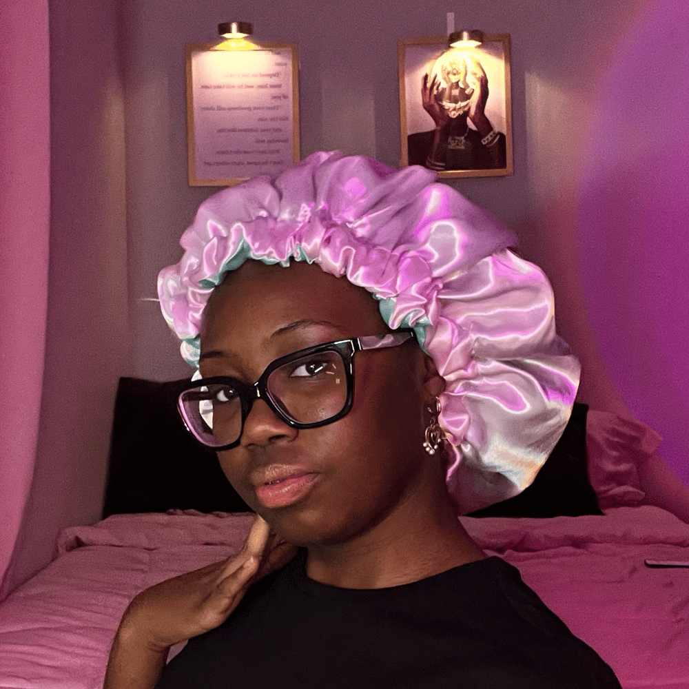 Image of REVERSIBLE PINK & TEAL SATIN BONNET