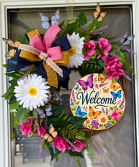 Image 3 of Welcome Butterfly & Floral Wreath with Bow - Pink, White, Yellow, Navy