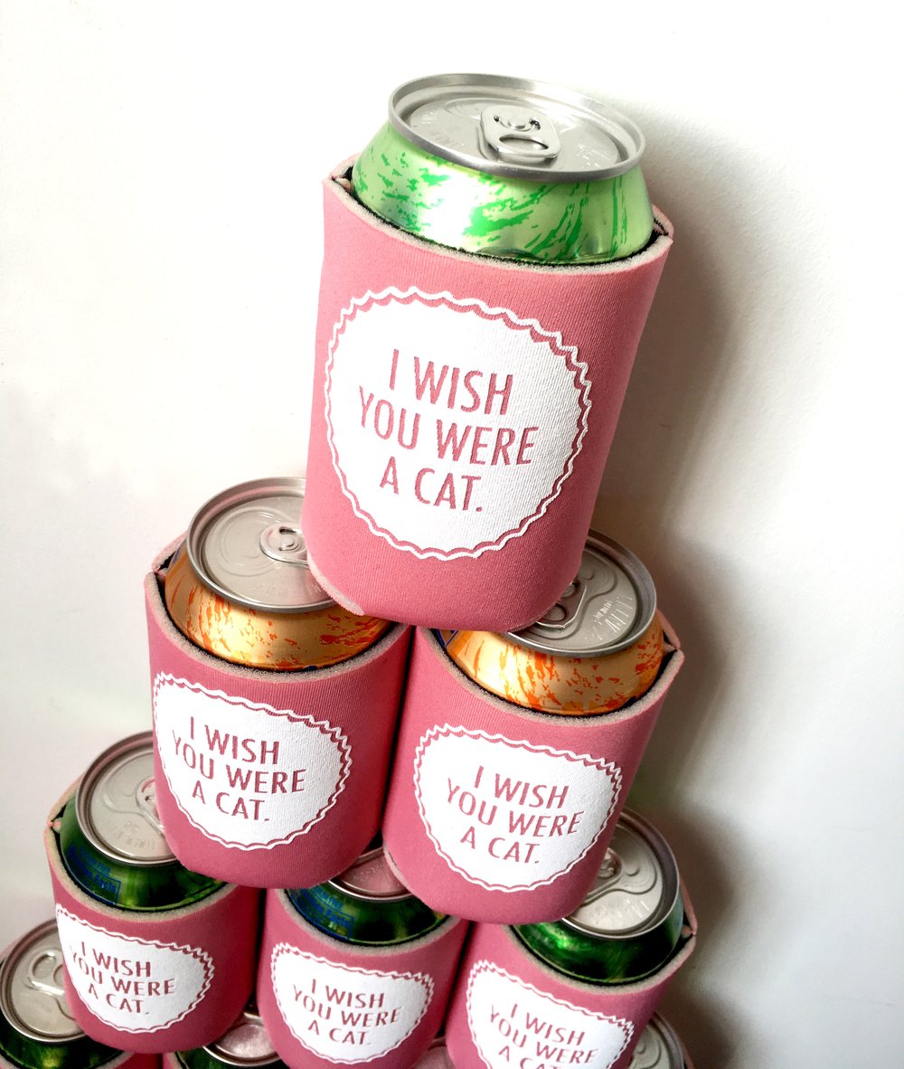 I Wish You Were A Cat- screen-printed can cooler-mint