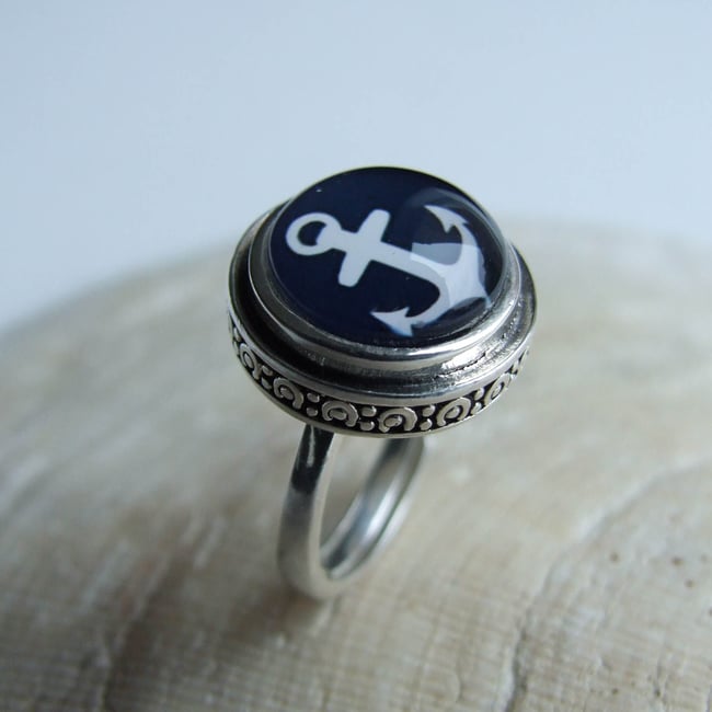 Anchors Aweigh Sterling Ring (Large) – Navy