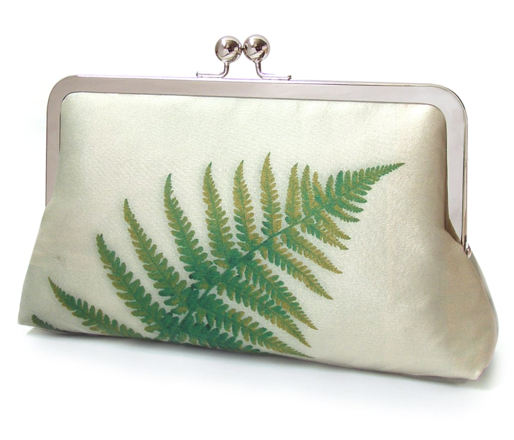 Image of Green fern, printed silk clutch bag +chain handle