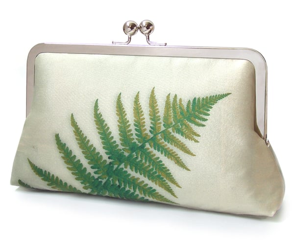 Image of Green fern, printed fabric clutch bag + optional chain handle