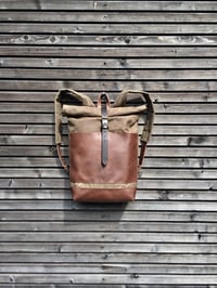 Image 2 of Waxed canvas backpack / rucksack with leather outside pocket and bottom, unisex