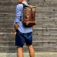 Image 1 of Waxed canvas backpack / rucksack with leather outside pocket and bottom, unisex