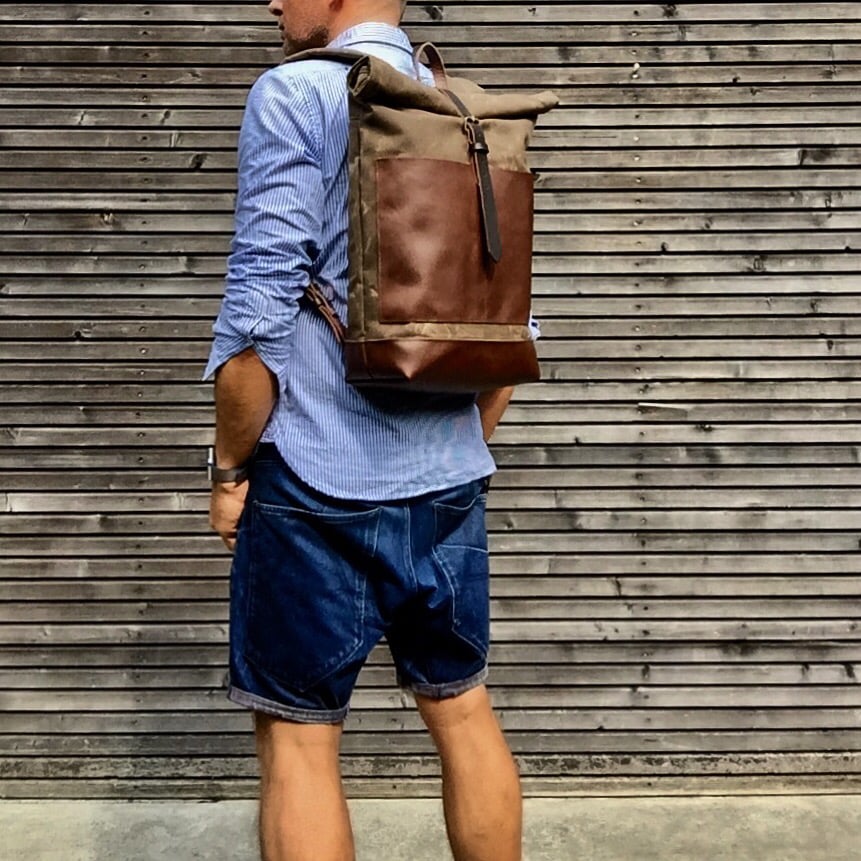 Waxed canvas backpack / rucksack with leather outside pocket and bottom ...