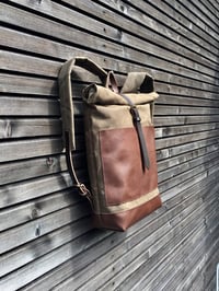 Image 3 of Waxed canvas backpack / rucksack with leather outside pocket and bottom, unisex