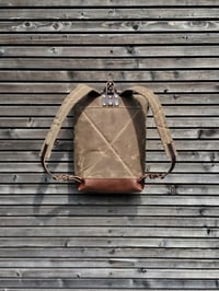 Image 4 of Waxed canvas backpack / rucksack with leather outside pocket and bottom, unisex