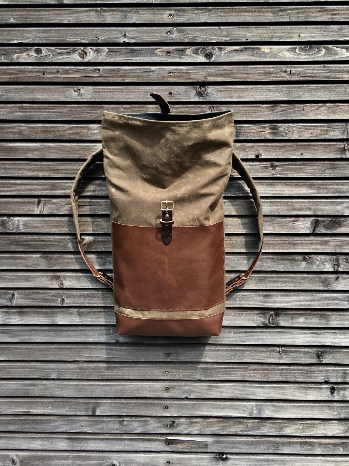 Image of Waxed canvas backpack / rucksack with leather outside pocket and bottom, unisex