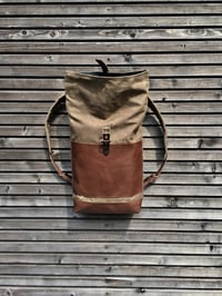Image 5 of Waxed canvas backpack / rucksack with leather outside pocket and bottom, unisex