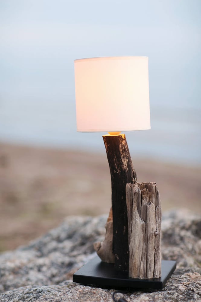 Image of Driftwood lamp with fabric lampshade. Home decor.