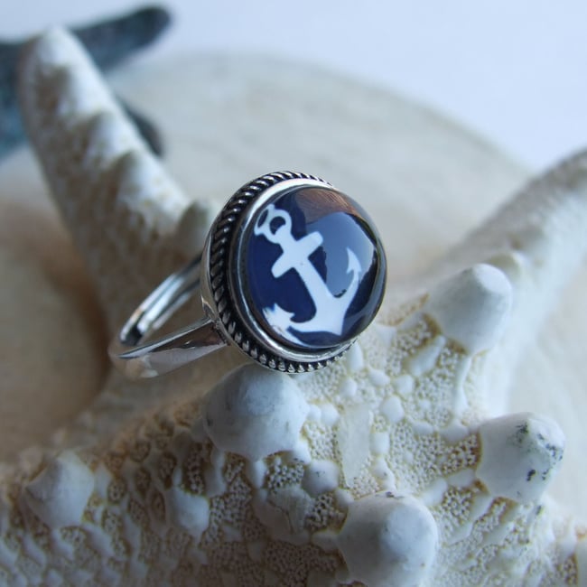 Anchors Aweigh Sterling Ring (Small) - Navy