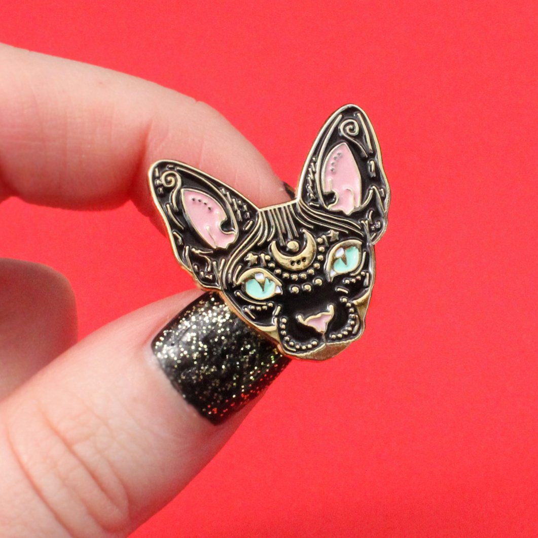 Image of Mystical Sphynx cat enamel pin, cat pin - BLACK & GOLD - badge - lapel pin