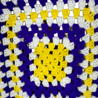 Image 6 of Handmade Square Pattern Yellow Purple and White Crochet Baby Blanket Throw 