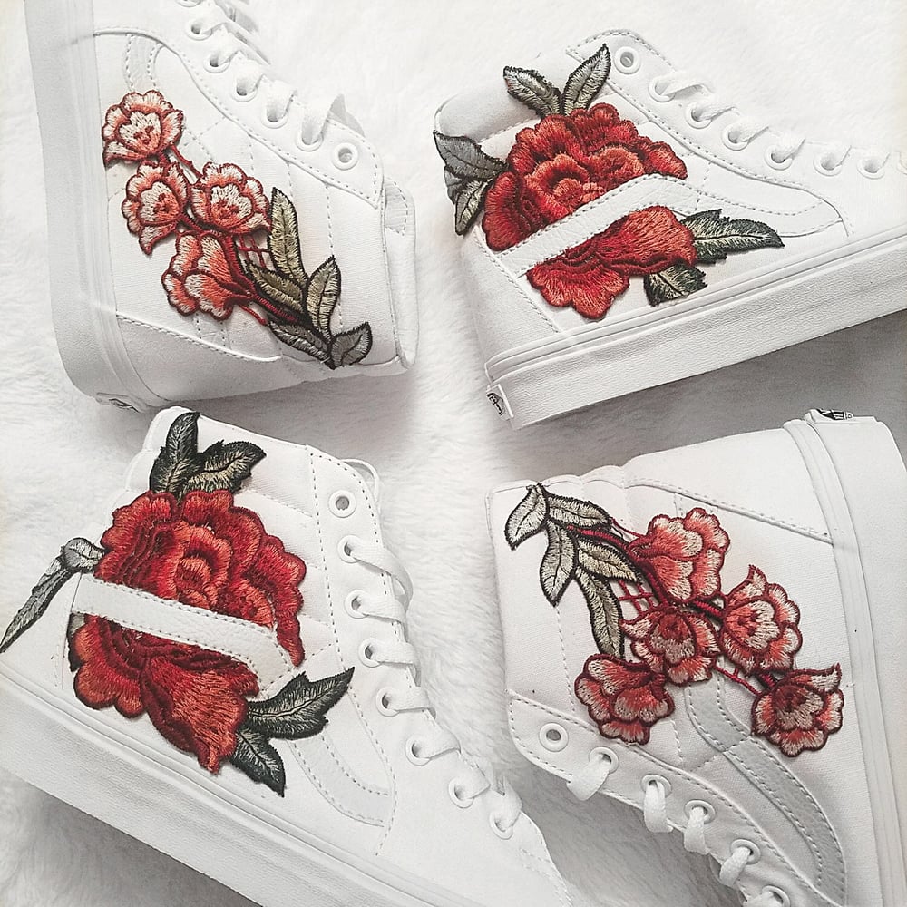 Image of Custom White Rose Embroidered Sk8 Hi Vans