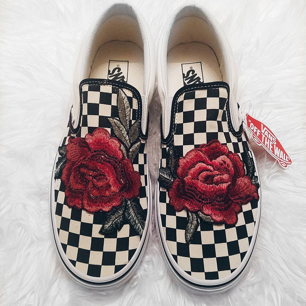Image of Custom Rose Embroidered Checkered Slip On Vans