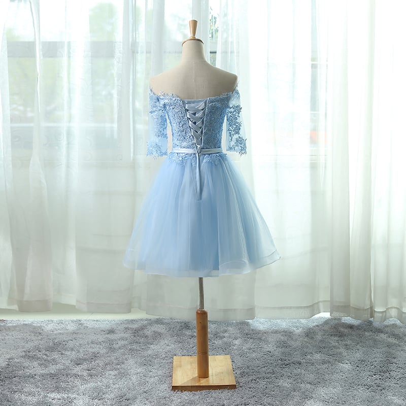 Lovely Light Blue Off Shoulder Lace Applique Short Homecoming