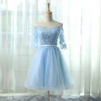 Image 1 of Lovely Light Blue Off Shoulder Lace Appliqué Short Homecoming Dress, Short Prom Dresses 2018