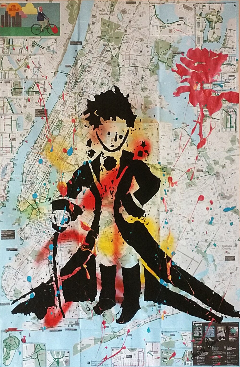 Image of "Little Prince." Original silkscreen on NYC  Bike, Subway Map. 