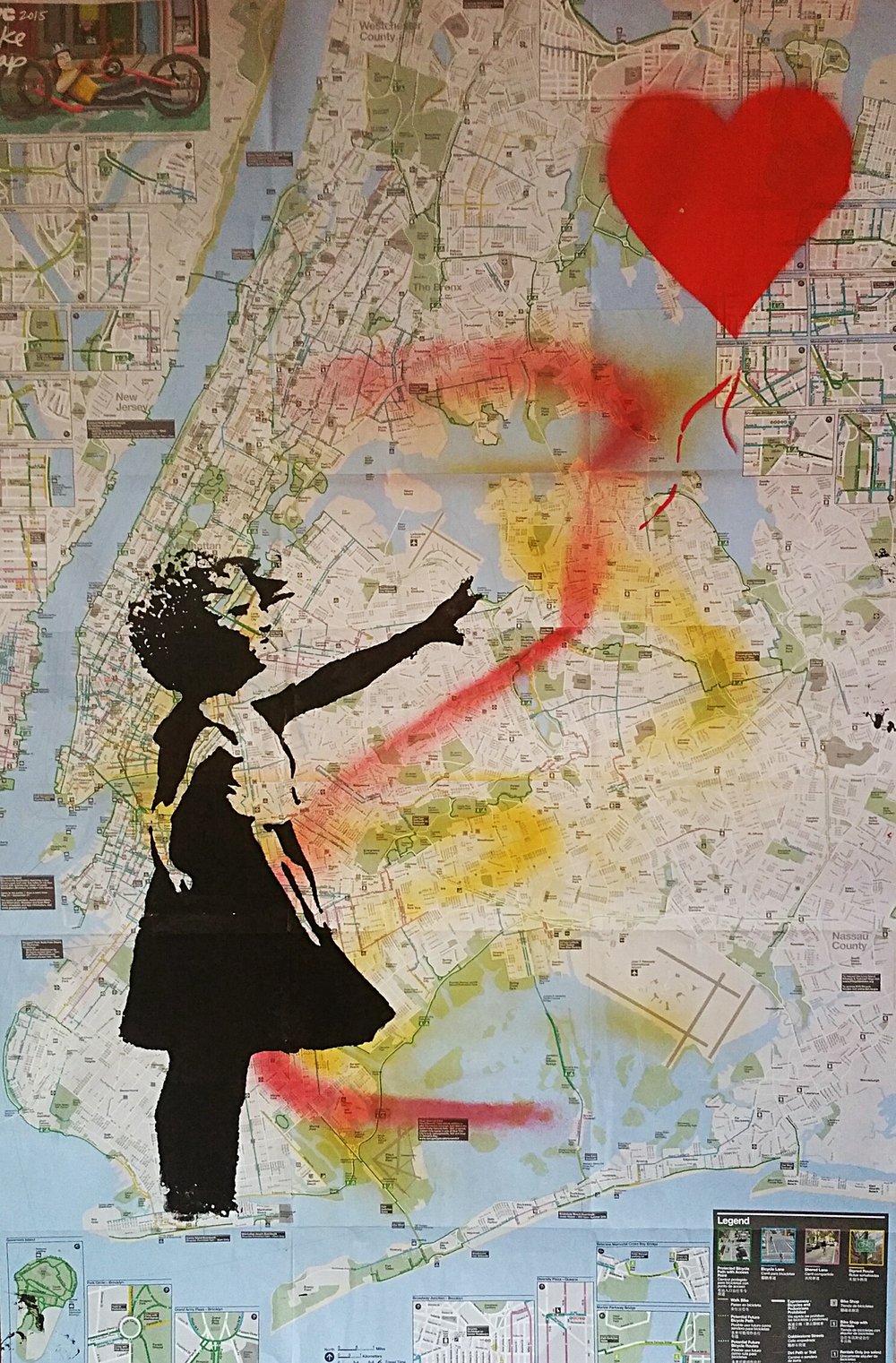 Image of "Banksy."  Silkscreen on New York City Bike Map.