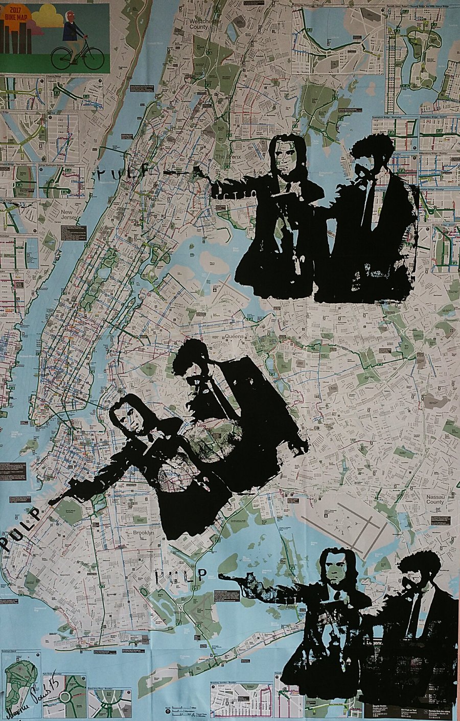 Image of Original silk screen: "Pulp Fiction". Artwork on New York City Bike and Subway Maps.