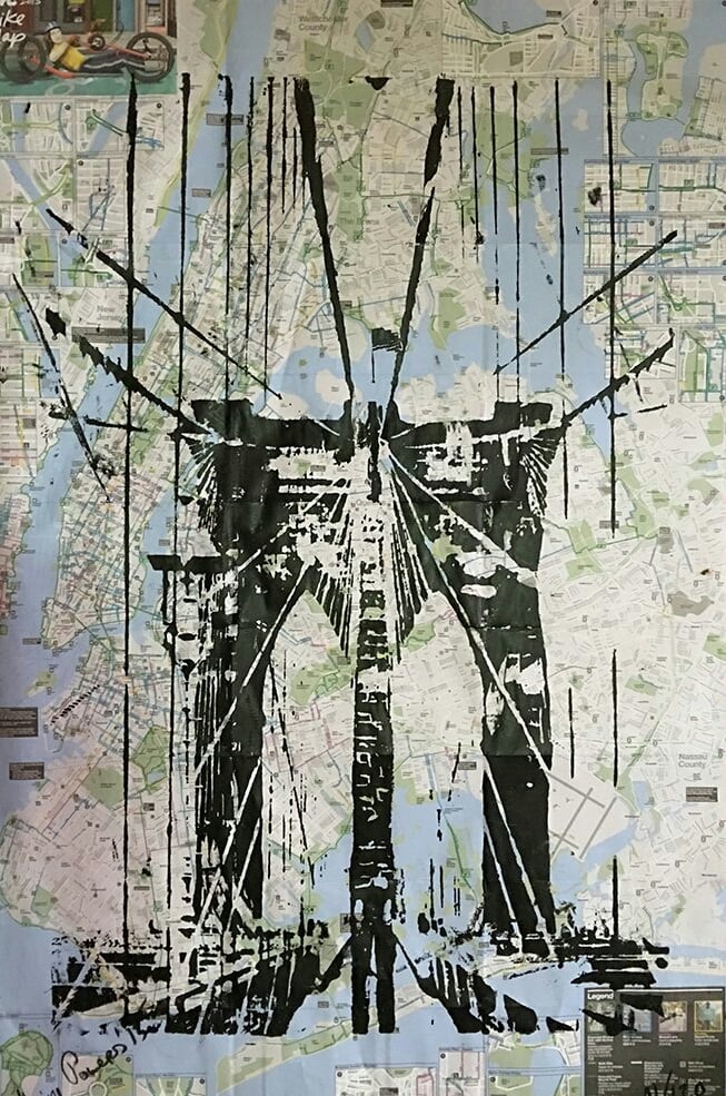 Image of “BROOKLYN BRIDGE”         ORIGINAL SILKSCREEN ON NEW YORK CITY BIKE AND SUBWAY MAP.