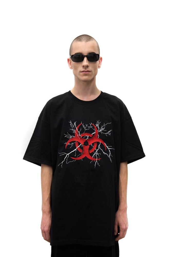 Image of Black Oversized Embroidered Biohazard  T-shirt