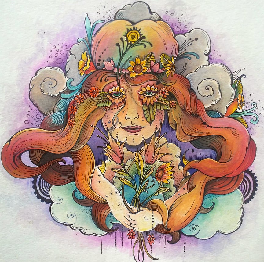 Image of Cosmic Flower Child Original Watercolor