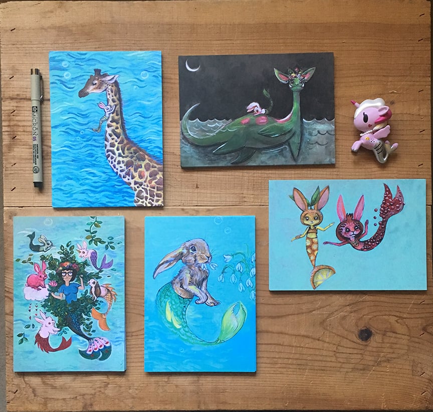 Image of Set of 5 Whimsical Merbunny Postcards 5" x 7"