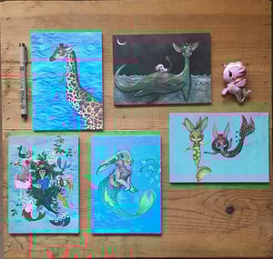Image of Set of 5 Whimsical Merbunny Postcards 5" x 7"