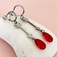 Image 2 of Arrow and Red Glass Droplet Half Hoops - Stainless