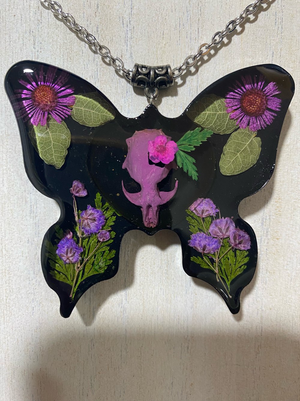 Purple Floral Butterfly Skull Pendant