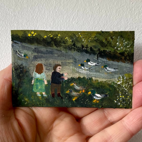 Image of feeding the ducks - tiny painting 