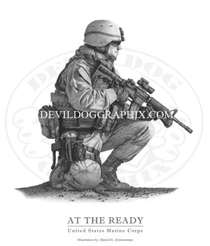 Image of "AT THE READY" U.S. MARINE DRAWING PRINT