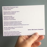 Image 3 of Level. Mat Leave: Complete - Poem Postcard (Small - A6 size)