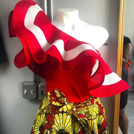 Image of ruffle red and white top