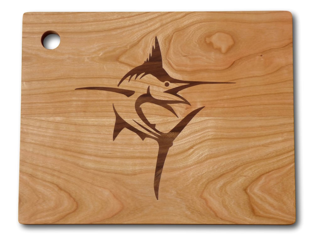 Image of Wood Serving Board with Marlin Fish Inlay 