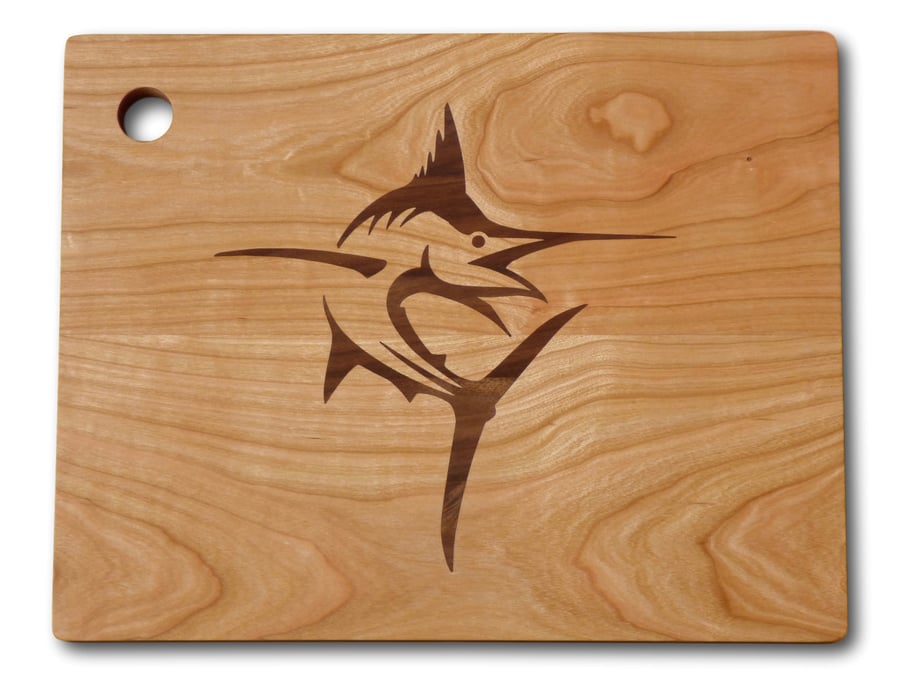 Image of Wood Serving Board with Marlin Fish Inlay 