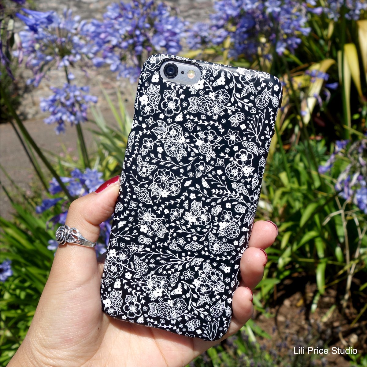 Image of Monochrome Flower Pattern Black Phone Case