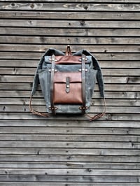 Image 1 of Backpack in waxed canvas,  medium size / Hipster Backpack with roll up top and double bottle pocket