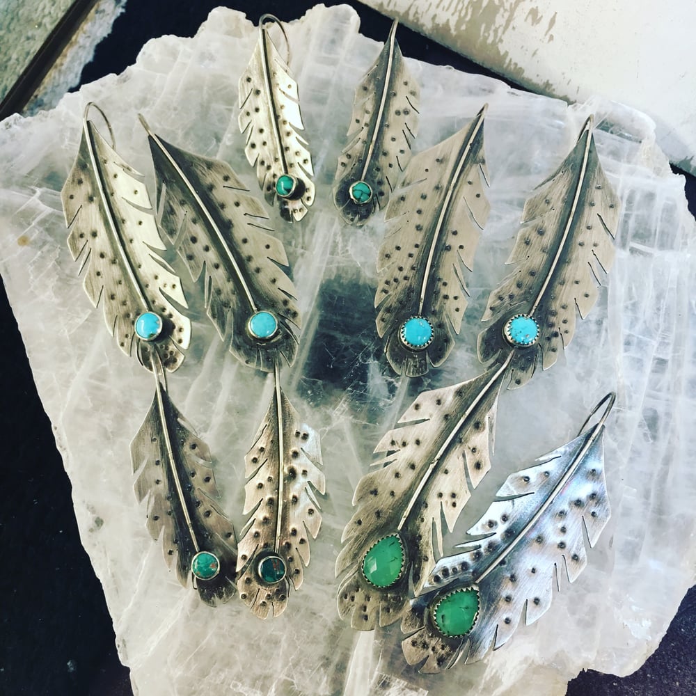 Image of Sterling Silver and Stone Feather Earrings