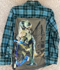 Children's Vintage Green/Blue/Yellow Flannel Shirt Dinosaur on a Sooter