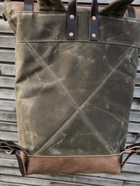 Image 4 of Waxed canvas backpack with roll up top and oiled leather bottem in dark taupe