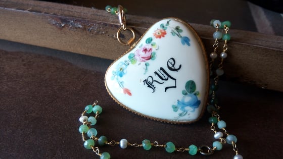 Image of Vintage french limoges heart shaped porcelain Decanter Label Necklace