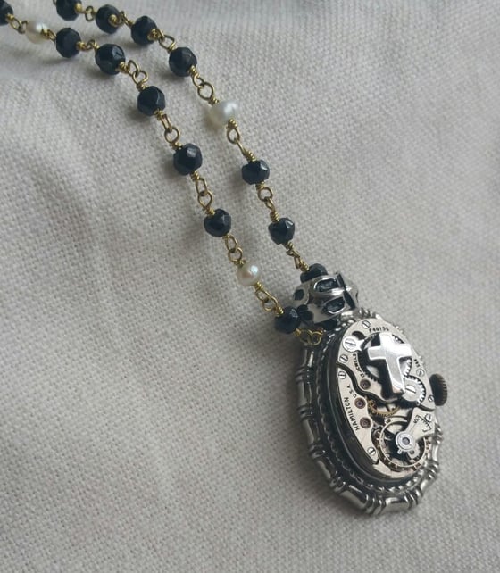 Image of Steampunk Victorian clockwork cross and Obsidian pendant necklace