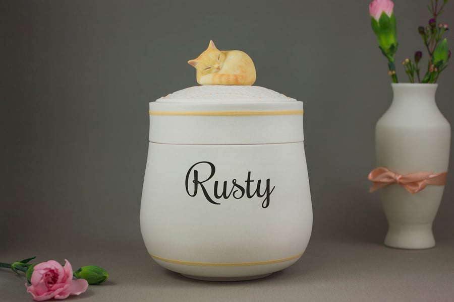 Image of Custom Orange Tabby Pet Urn with Portrait and Name