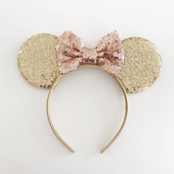 Image of Gold sequin mouse ears with rose gold sequin bow