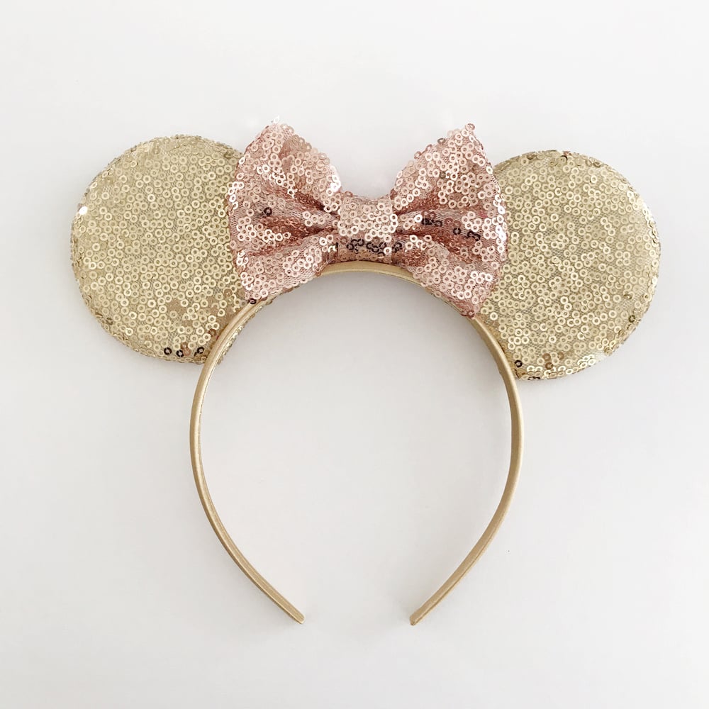 the daydream republic — Gold sequin mouse ears with rose gold sequin bow